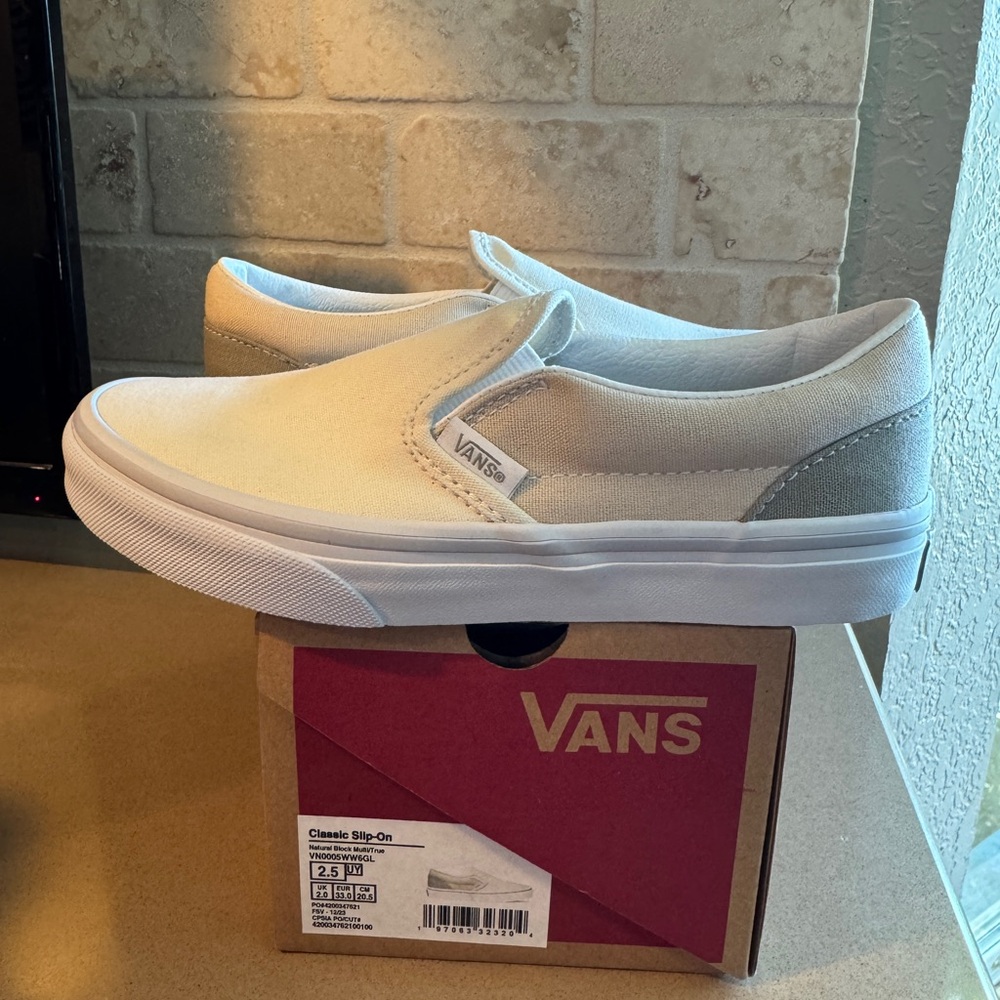 Vans White and Gray Slip-On Sneakers